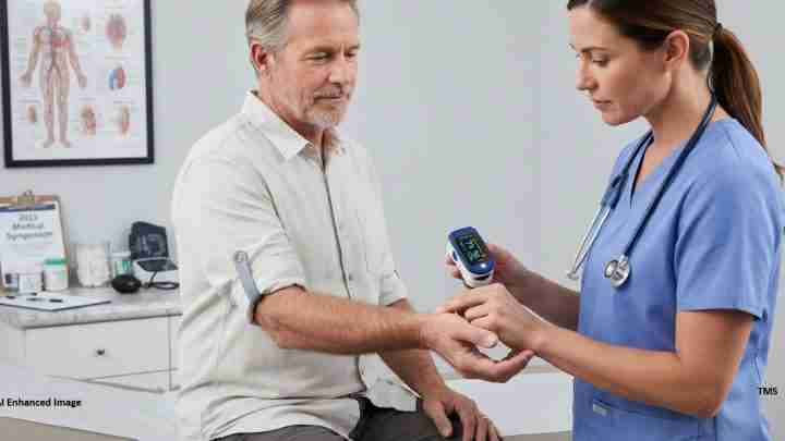 Nurse in blue scrubs checks an elderly man's blood pressure using a cuff and handheld monitor in a clinic setting.