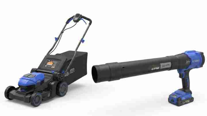 Cordless lawn mower with blue battery pack paired to a long, black leaf blower attachment.