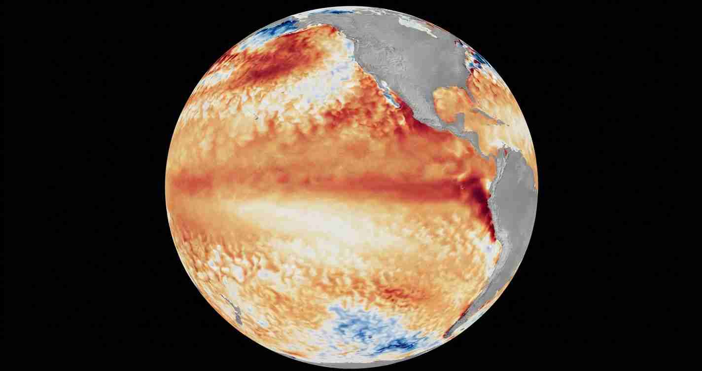 Satellite image of Earth with orange and red heat-shaded oceans, highlighting global sea surface temperature anomalies (Americas on the right).
