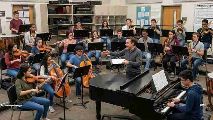 School band rehearsal in a music room with students playing strings, brass, and woodwinds while a conductor directs from a stand-up position near a grand piano.